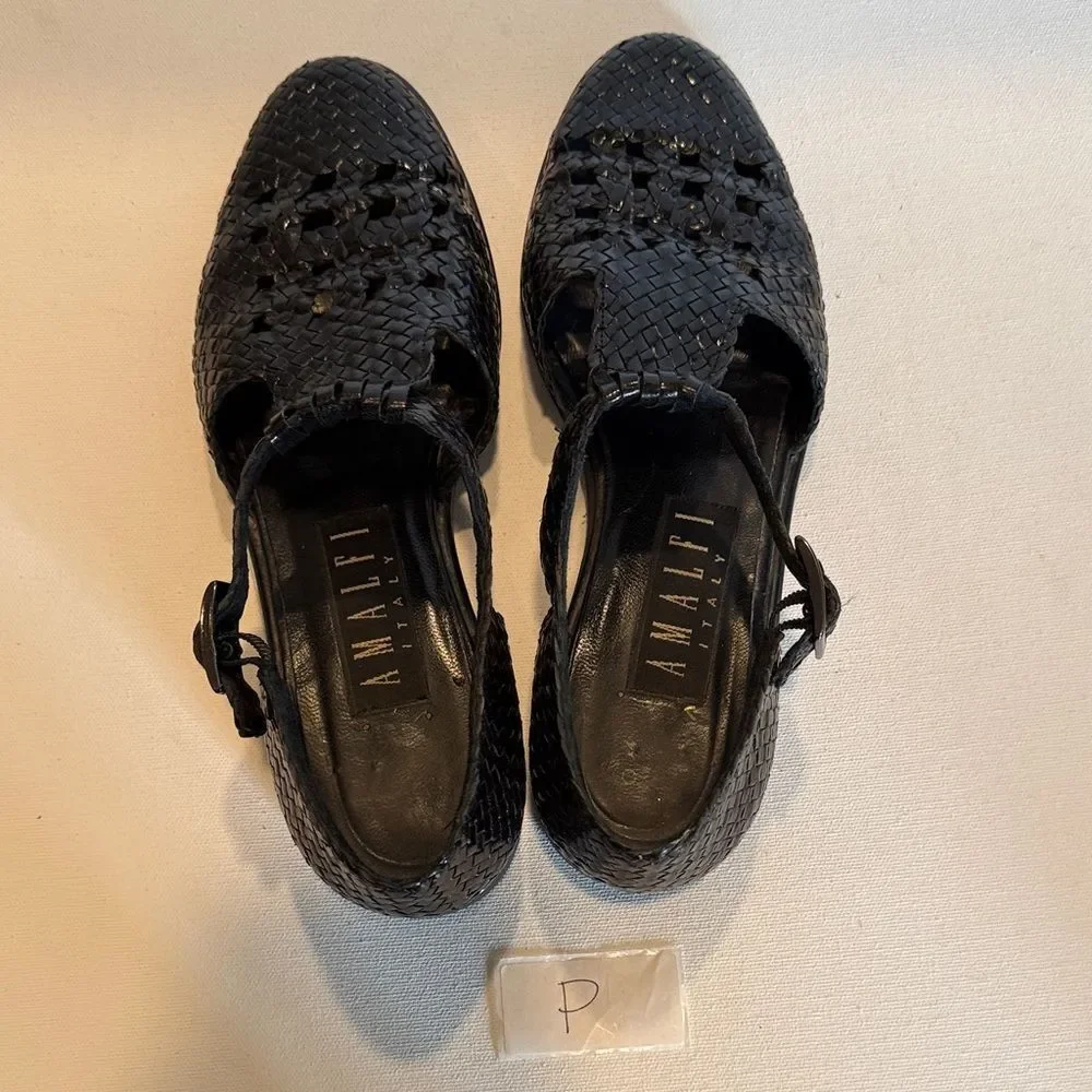Amalfi Black Woven Leather Closed-Toe Flat with Ankle Strap